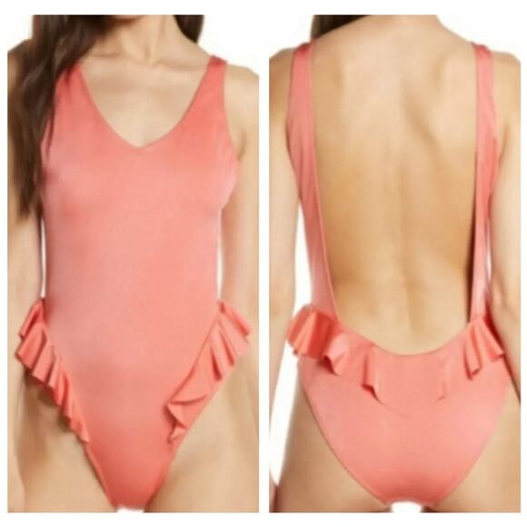Something Navy Coral Swim Frill One Piece Swimsuit Women's Small - Picture 1 of 4